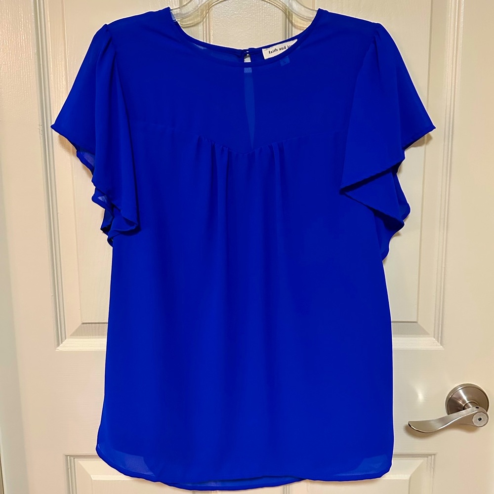 Faith and Joy by Monteau Cobalt Blue Flutter Short Sleeve Flowy Blouse Size S